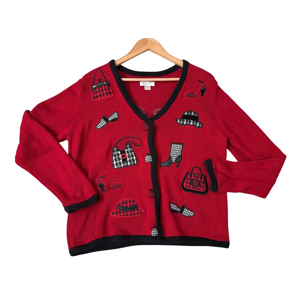 Christopher & Banks Red Novelty Cardigan Sweater Purses Shoes L Vintage 2004